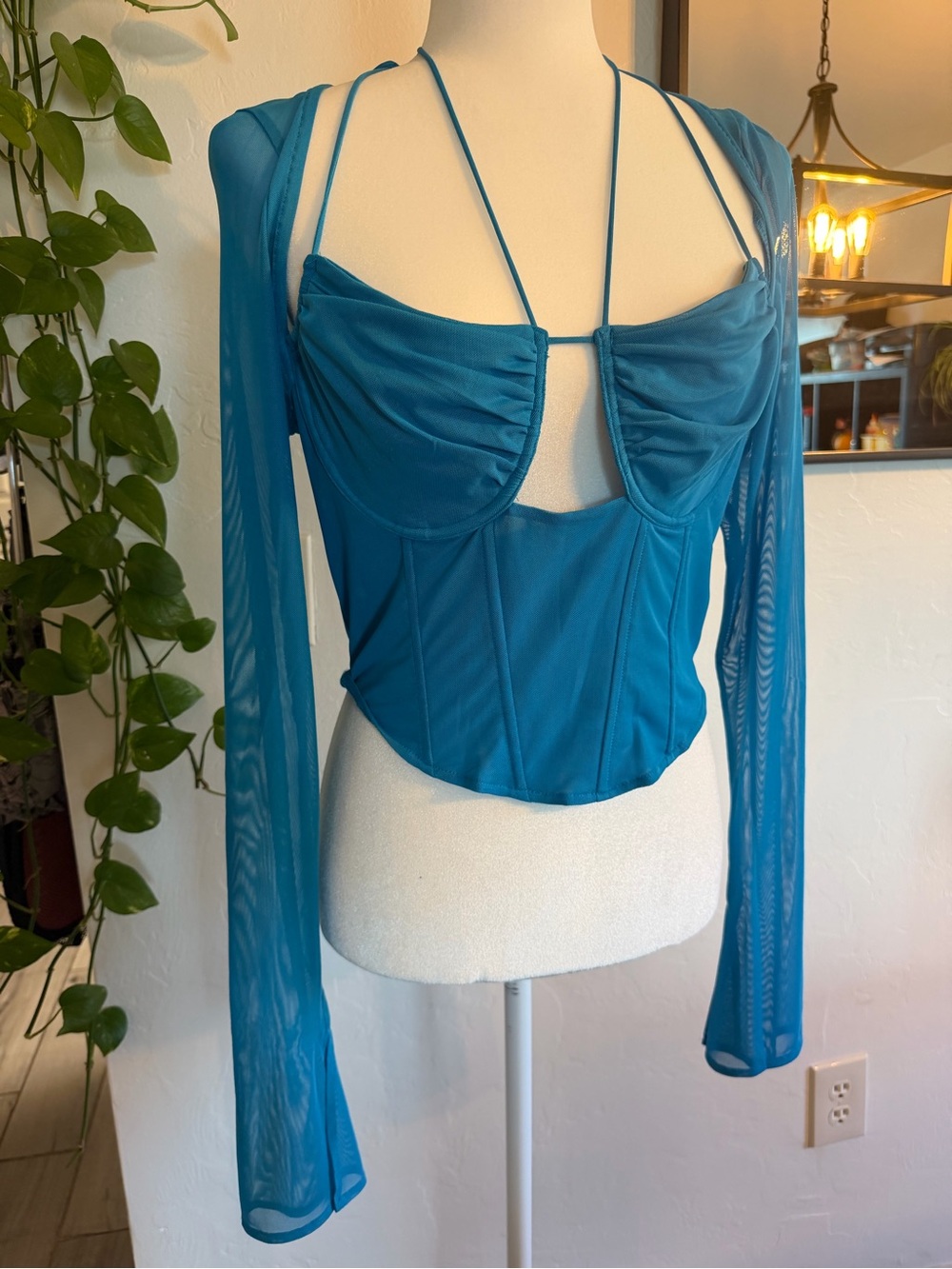 Fashion Nova Sheer Long-Sleeve Strappy Bustier Top in Teal